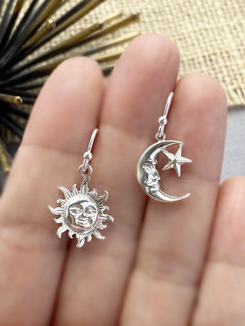Asymmetrical Sun and Moon Earrings, Mismatched Earrings, Gold moon Earrings, Sun charm earrings, Dainty celestial earring gold, gift for her image 6