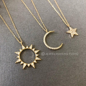 Gold Sun and Moon charm necklace, Sun moon star layered necklaces, Friendship necklaces, minimalist jewelry, BFF gifts, gift for sisters