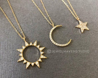 Gold Sun and Moon charm necklace, Sun moon star layered necklaces, Friendship necklaces, minimalist jewelry, BFF gifts, gift for sisters