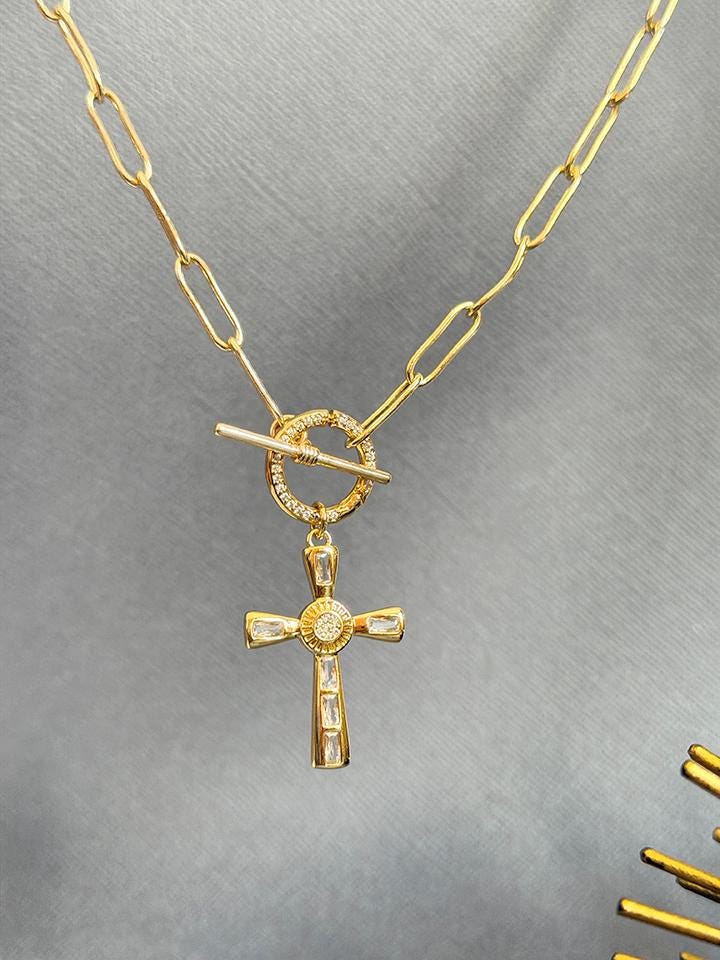 Gold CZ Cross Charm Necklace, Paperclip Chain Toggle Clasp - Etsy