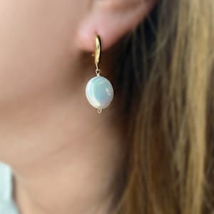 Pearl earrings, gold hoop earrings, Drop dangling earrings, Coin Pearl hoop earrings, minimalist jewelry, Valentine&#39;s day gift, Gift for her