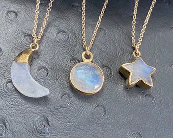 Rainbow Moonstone Celestial Necklace: Gold Filled Sun, Moon, Star - June Birthstone