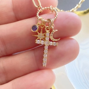 Gold Cross Pendant Necklace: Moon, Star, Cubic Zirconia
