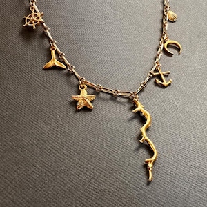 Dangling Gold charm necklace, Coral necklace, Starfish charm, sea shell necklace, Whale Tail necklace, Beach inspired necklace, Gift for her