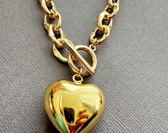 Gold Plated Puff Heart Necklace, Chunky Toggle Chain