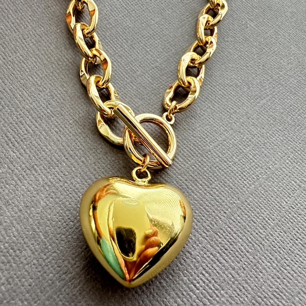 Collier coeur bouffant plaqué or, grosse chaîne à bascule