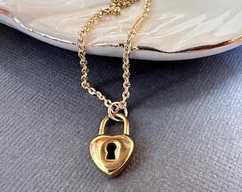 Dainty Gold Heart Lock Necklace: Stainless Steel Padlock Pendant