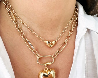 Puffy Heart Necklace, Zircon Carabiner Necklace, Paperclip