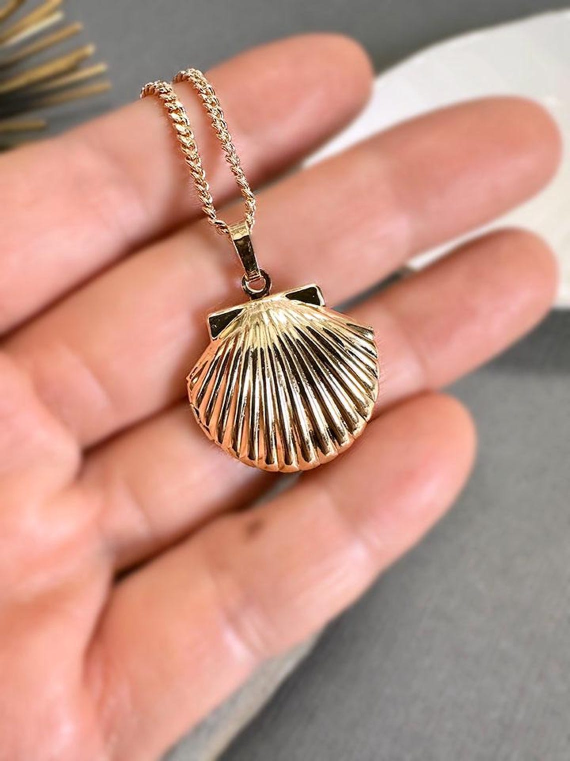 Vintage Brass Seashell Locket Necklace: Gold Filled Chain, Personalized ...