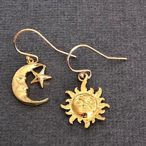 Asymmetrical Sun and Moon Earrings, Mismatched Earrings, Gold moon Earrings, Sun charm earrings, Dainty celestial earring gold, gift for her image 1