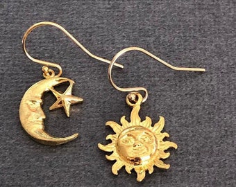 Asymmetrical Sun and Moon Earrings, Mismatched Earrings, Gold moon Earrings, Sun charm earrings, Dainty celestial earring gold, gift for her