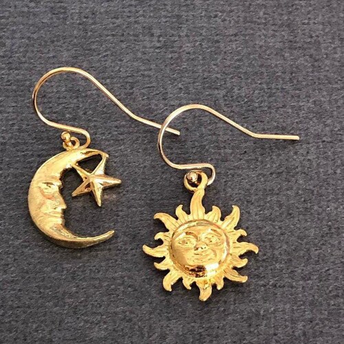 Asymmetrical Sun and Moon Earrings: 18K Gold Vermeil, Sterling Silver