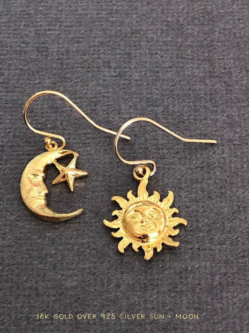 Asymmetrical Sun and Moon Earrings, Mismatched Earrings, Gold moon Earrings, Sun charm earrings, Dainty celestial earring gold, gift for her image 1