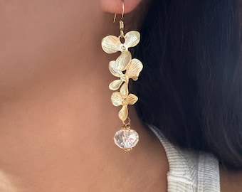 Gold Orchid Flower Earrings: Floral Cascading Dangle earrings