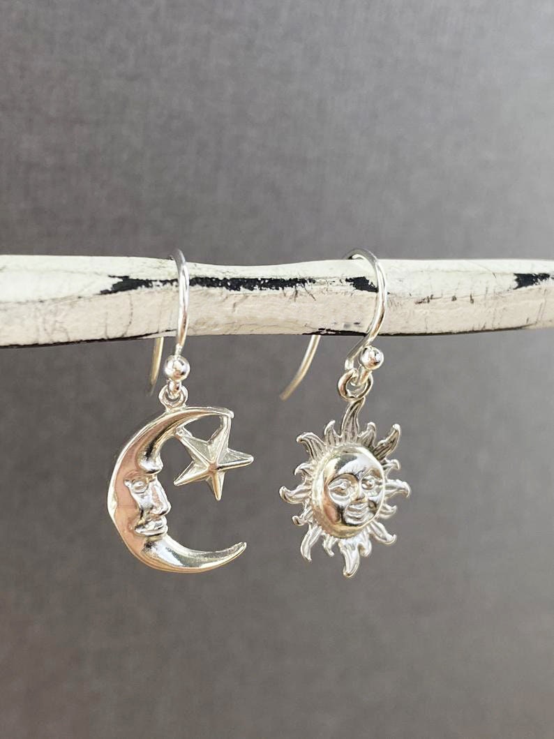 Asymmetrical Sun and Moon Earrings, Mismatched Earrings, Gold moon Earrings, Sun charm earrings, Dainty celestial earring gold, gift for her image 2