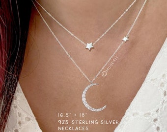 Sterling Silver Moon and Star Necklace, Cubic Zirconia Celestial Jewelry