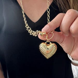 Double layered Gold Puff Heart Necklace, Puffy Heart Necklace in gold, Gold Puffed Heart , Chunky Oval Chain, Long Gold Heart chain Necklace