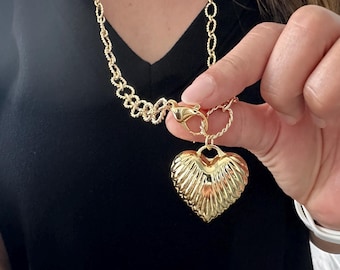 Gold Puffed Heart Necklace: Chunky Oval Chain, Double Layered