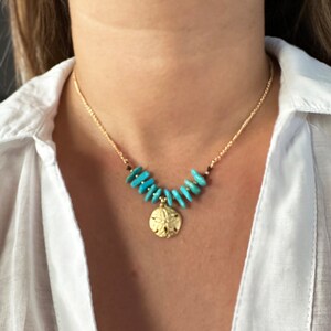 Sand dollar necklace, Gold Sand Dollar charm necklace, Beach Necklace, Summer Jewelry, Turquoise necklace, Gift for her, Gold Sea Star