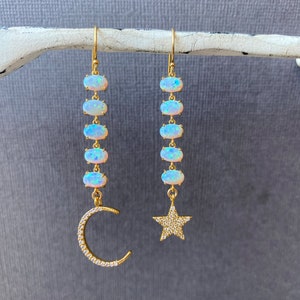 Opal Dangling Earrings, Mismatched Moon and star dangling earrings, Long gold earrings, Bridesmaids earrings, Gift for he,r jewelhavenstudio