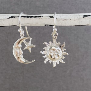 Mismatched Earrings, Asymmetrical Sun and Moon Earrings, Dainty Silver moon Earrings, love you to the moon, celestial earring, gift for her