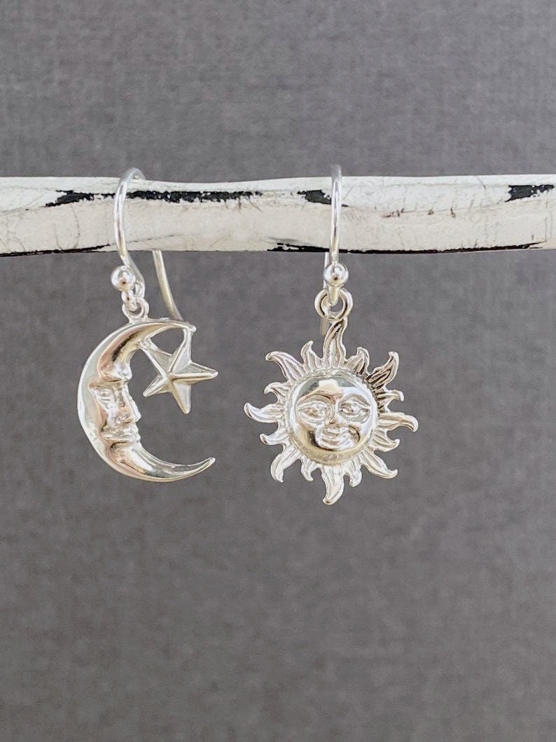 Asymmetrical Sun and Moon Earrings, Mismatched Earrings, Gold moon Earrings, Sun charm earrings, Dainty celestial earring gold, gift for her image 7