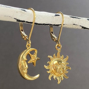 Asymmetrical Sun and Moon Earrings, Mismatched Earrings, Gold moon Earrings, Sun charm earrings, Dainty celestial earring gold, gift for her image 9