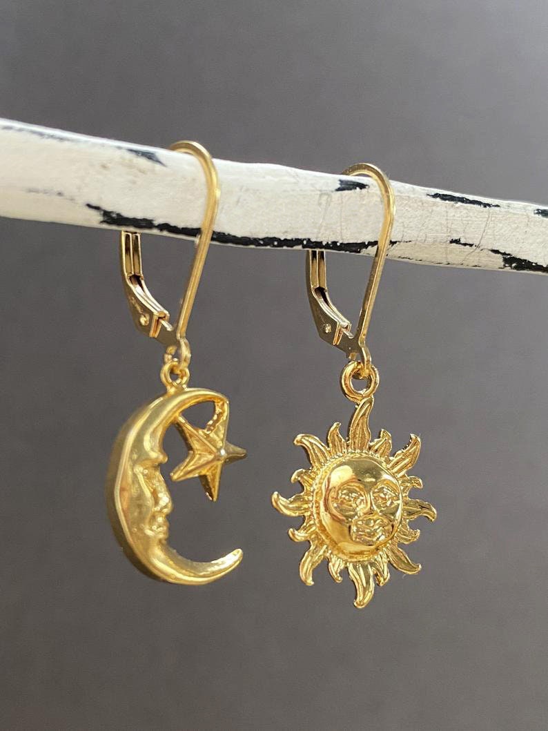 Asymmetrical Sun and Moon Earrings, Mismatched Earrings, Gold moon Earrings, Sun charm earrings, Dainty celestial earring gold, gift for her image 9