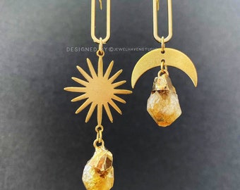 Asymmetrical Moon an star Earrings, Mismatched earrings, Long gold dangling earrings, Moon Celestial jewelry gift for women Citrine gemstone