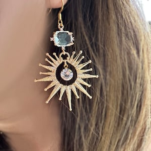 Große Sun Burst Ohrringe, Gold Drop baumelnde Ohrringe, Statement Ohrringe, Boho Braut Ohrringe, Geschenk für Frauen, Gold Starburst Ohrringe