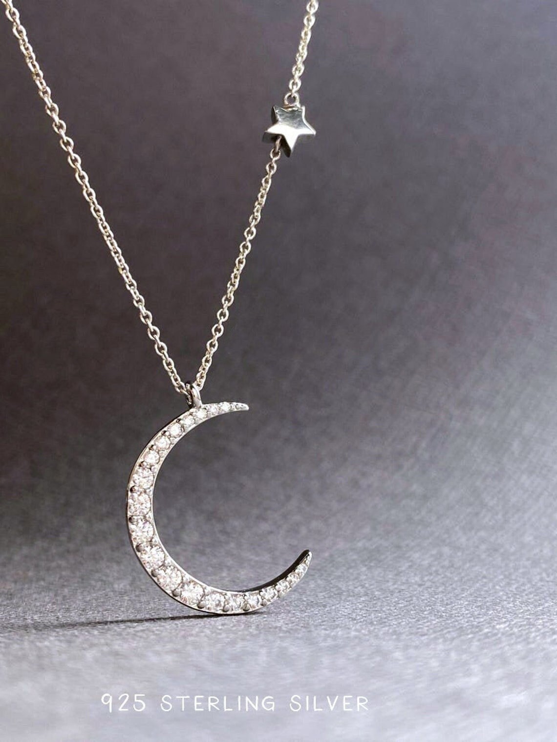 Sterling Silver Moon and Star Necklace: CZ Crescent Charm - Etsy