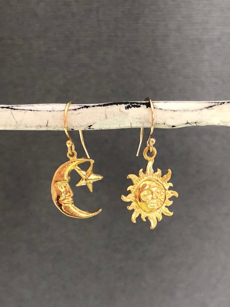 Asymmetrical Sun and Moon Earrings, Mismatched Earrings, Gold moon Earrings, Sun charm earrings, Dainty celestial earring gold, gift for her image 3