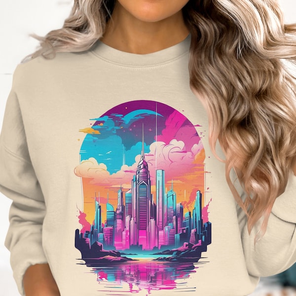 Retro 80s Cityscape T-Shirt, Neon Colors Skyline Graphic Tee, Unisex Urban Skyline Sweatshirt, Vintage Style Hoodie