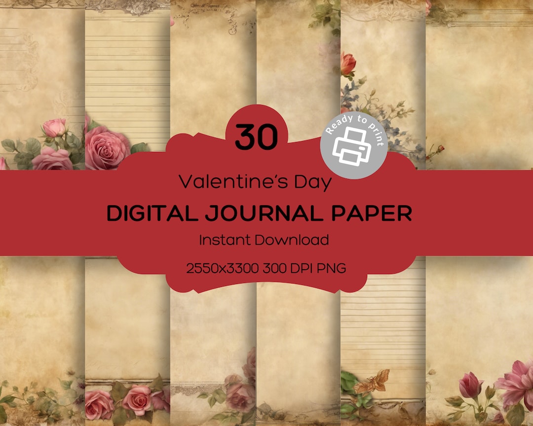 Digital Journal Paper Pack, Valentine Junk Journal Kit, Scrapbooking Backgrounds, Printable Rose
