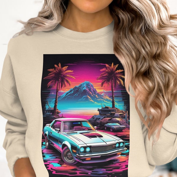 Retro 80s Sunset Car T-Shirt - Vintage Aesthetic Hoodie, Cool Neon Palm Tree Graphic Sweatshirt, Unisex Fashion