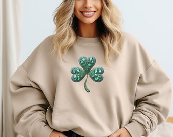 Sweat-shirt trèfle vert émeraude, conception unisexe de pierres précieuses, pull de la Saint-Patrick, pull décontracté trèfle étincelant, cadeau pour elle