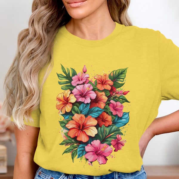 Tropical Floral Print T-Shirt, Bright Hibiscus and Palm Design, Colorful Summer Tee, Unisex Fit Birthday gift anniversary gift