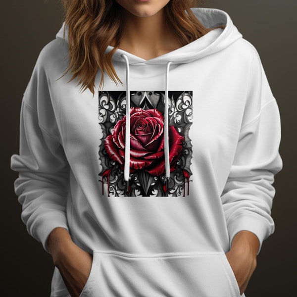 Gothic Red Rose T-Shirt, Dark Floral Unisex swetshirt, Vintage Style Rose with Thorns Edgy Fashion, Unique Art Print Hoodie anti valentines