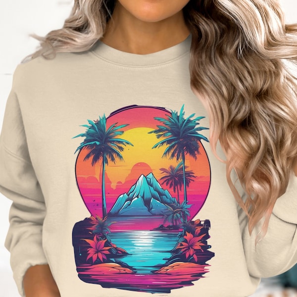 Retro 80s Sunset Palm Trees and Mountain Graphic T-Shirt, Vibrant Neon Colored Hoodie, Cool Vintage Style Sweatshirt