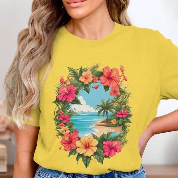 Tropical Beach Floral Frame T-Shirt, Exotic Island Paradise Summer Tee, Vibrant Hibiscus Design Birthday gift anniversary gift