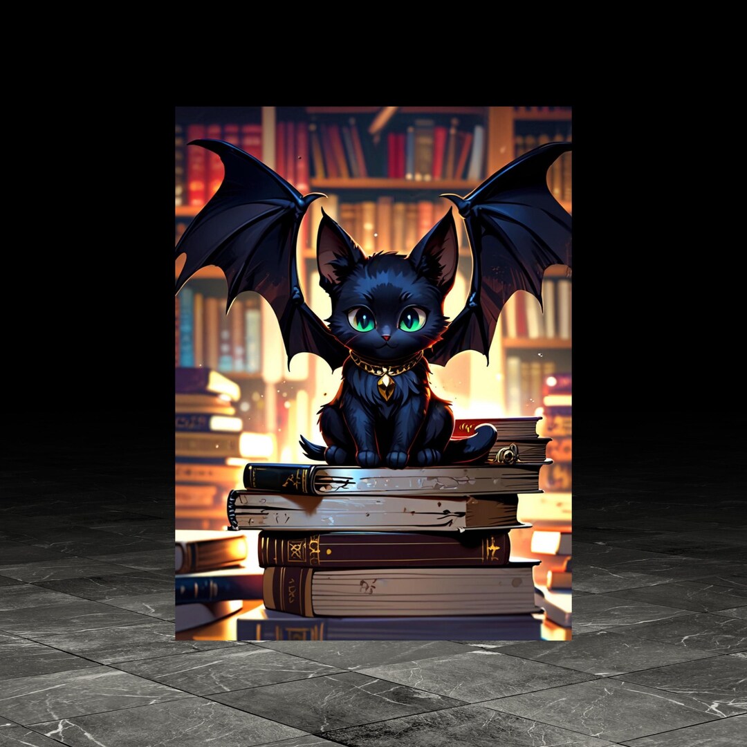 Cute Black Cat With Bat Wings Poster, Fantasy Cat Art Print, Adorable ...