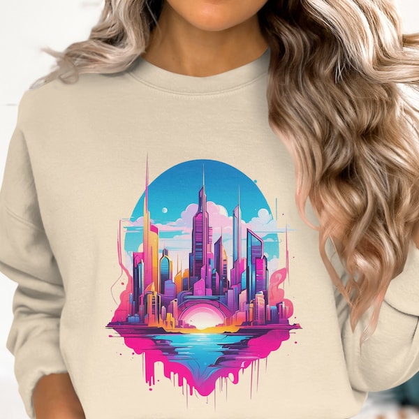 Retro 80s Cityscape Neon Sunset Graphic T-Shirt, Vibrant Urban Skyline Hoodie, Colorful Sweatshirt