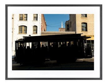 Minimalist print of a cable car silhouette gliding through Lower Nob Hill, capturing San Francisco charm, motion, and timeless urban romance