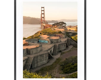 May include: A view of the Golden Gate Bridge from a hillside with a concrete structure and graffiti that says "Fearwood".