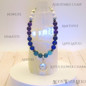 Pulseira de suporte para alívio de ADD/ADHD, ametista, lápis-lazúli, howlita, hematita, apatita