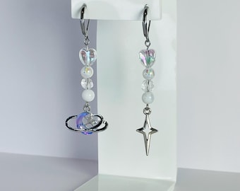Silver Mismatched Moon Star Earrings | Y2K Celestial Witchy Aesthetic | Asymmetrical Dangle Statement | Cosmic
