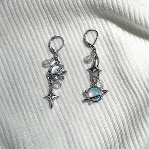 Mismatch Blue Moon Star Earrings, Grunge, Alt, Chunky, Punk, Edgy, Aesthetic, Fairycore, Asymmetrical, Kfashion, Korean, Y2K, Goth, Dangly
