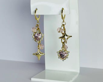 Pendientes de corazón de oro rosa / Gótico desigual Y2K / Romance oscuro asimétrico / Coqueta declaración