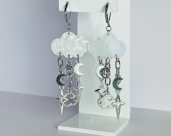 Silver Cloud Cluster Earrings | Fairycore Cottagecore Y2K | Sky Dangle Statement | Dreamy Aesthetic