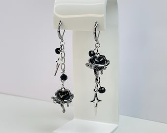 Black Mismatched Star Earrings | Y2K Grunge Goth Aesthetic | Asymmetrical Dangle Jewelry | Punk Alt